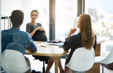 Business, meeting and pregnant woman in office with advice, discussion and planning for b2b...