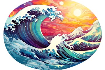 Sunset or sunrise over the sea. Big waves. Bright warm colors. Morning or evening