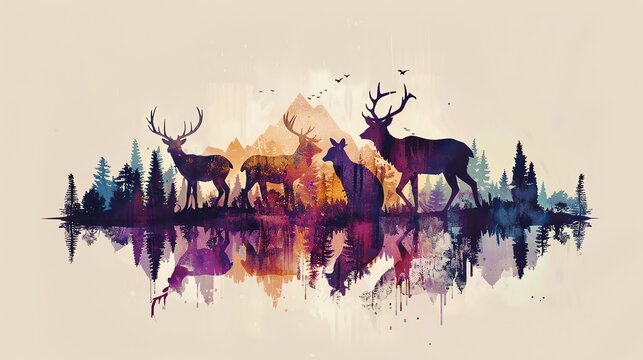 Woodland creatures pixel art flat design side view mystical wildlife water color Triadic Color Scheme,