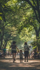 Mother and Child Walking Hand in Hand Through Bustling City Park Under Tall Trees