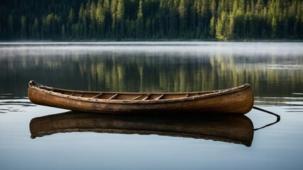 Weathered canoe tied to a wooden dock on a serene, misty lake surrounded by a tranquil forest