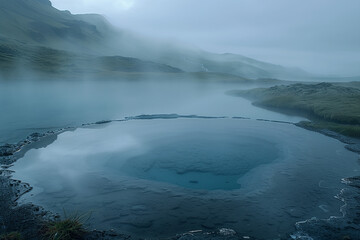 Hot spring with steam rising in a volcanic area