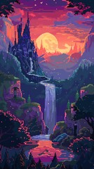 Fairytale landscape pixel art flat design front view magical landscape animation Complementary Color Scheme,