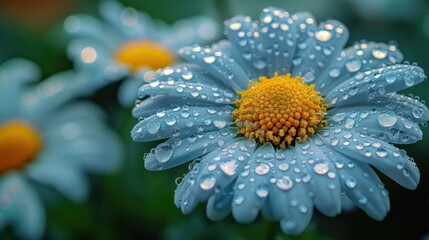 A close-up of a blue daisy with dew drops on its petals