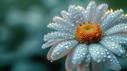 A close-up of a daisy covered in dew drops