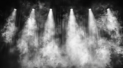Five spotlights illuminating a dark stage with smoke