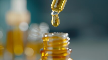 Close-up of glass dropper filled with golden liquid dispensing a drop into clear glass bottle highlighting precise measurement and application for aromatherapy or skincare