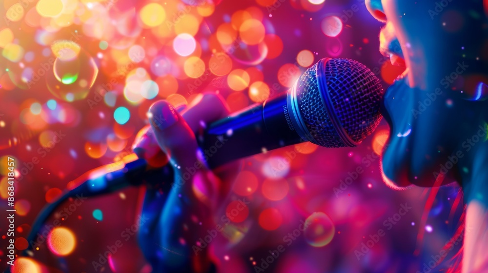 Poster dynamic singer performance with colorful bokeh background - ideal for music posters and event promot