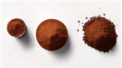 Ground coffee scattered isolated on transparent background, top view