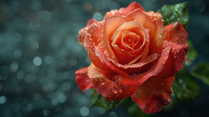 A close-up of a single rose with dew drops