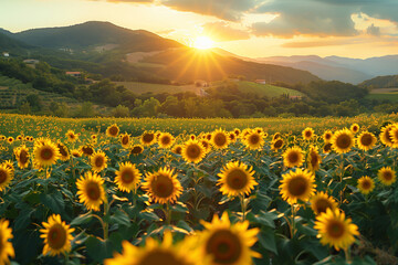 Fototapeta premium Vibrant sunflower fields in full bloom during the peak of August
