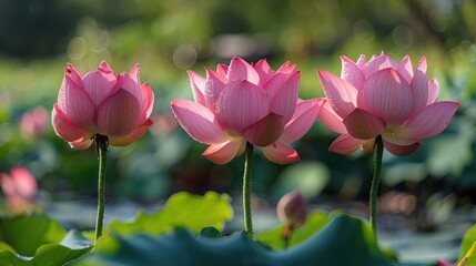 Obraz premium Three pink lotus flowers bloom in the sunlight