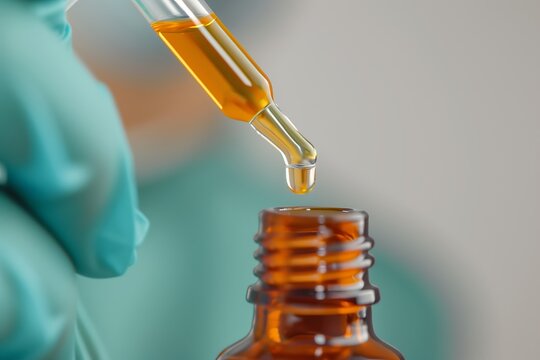 CBD oil dropper bottle with CBD extract close-up focusing on dropper extracting oil emphasizing viscosity and color highlighting usage process