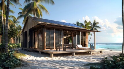Fototapeta premium remote cabin with solar-panel integrated Bahama shutters, combining energy efficiency with essential functionality in a secluded setting