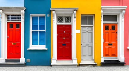 Naklejka premium Colorful row of houses in London, United Kingdom. Colorfully painted house facades with white doors and windows. The front doors and walls are painted in bright colors.