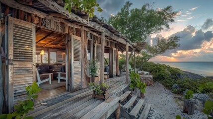 Obraz premium remote island eco-lodge with Bahama shutters crafted from driftwood, reflecting the sustainable ethos and rugged charm of the location