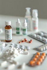 Assorted Allergy Medications: Pills, Sprays, and Eye Drops on a White Surface - Design for Health-Related Content