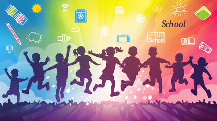 Obraz premium Vibrant Back to School Sale Banner with Children Silhouettes and School Supply Icons