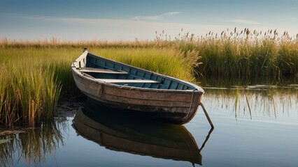 Obraz premium An old rowing boat tied to a small pier on a calm lake, creating a serene natural landscape