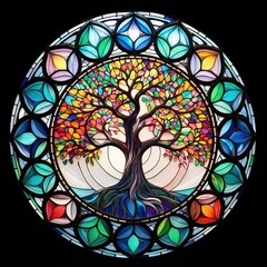 Stained Glass Window with Tree Design