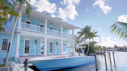 Fototapeta premium riverboat house with matching Bahama shutters, integrating nautical design with functional sun protection