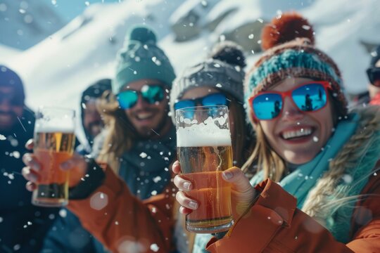 A group of friends are having a joyful winter vacation in the snowy mountains, savoring beer and the breathtaking scenery. Laughter, happiness, and togetherness fill the alpine setting