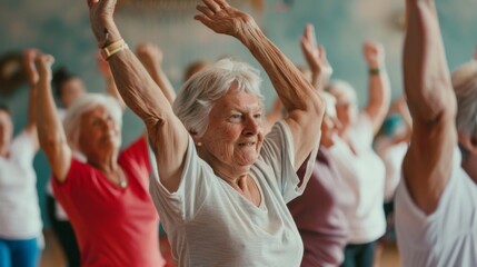 Active seniors in a fitness class exercising together