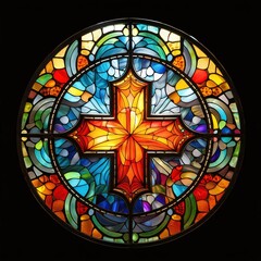 Stained Glass Window with Colorful Cross