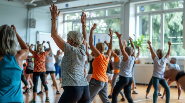 Active seniors in a fitness class exercising together
