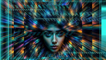 A digital interface with artwork of a woman's face, artificial intelligence with a vibrant, psychedelic backdrop of geometric shapes and bar with diagonal stripes and two circular patterns.