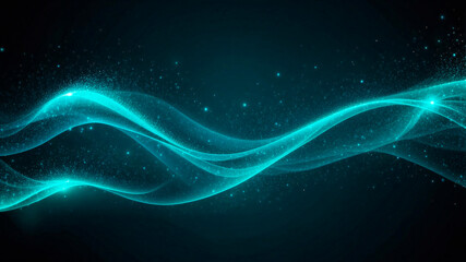 Stunning Digital Turquoise Particle Wave with Shining Dots and Stars on Abstract Light Background