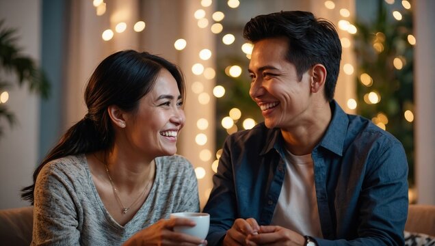 Happy, couple and sharing good news with celebration for promotion or announcement at home together. Smile, woman and man with job success, wow and career milestone with communication and discussion