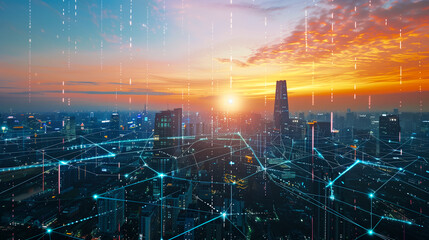 Network smart modern city, wireless connection to communication in world, social media technology.