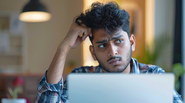 Confused Office. Young Indian Businessman Contemplating Problem Solution while Working Remotely