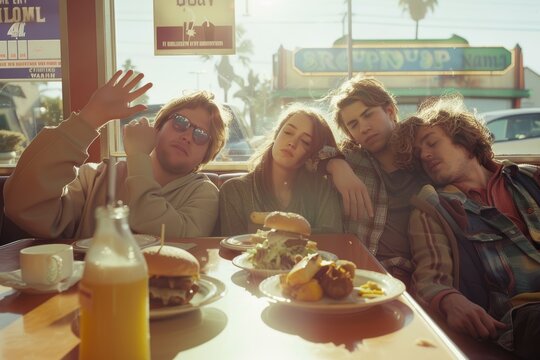 Friends with Hangovers in Diner Booth After Night Out - Morning Light, Breakfast Food, Cups of Coffee, Tired Faces