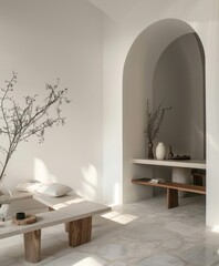 Minimalist interior with white wall, bright space, and minimal decor --ar 5:6 Job ID: 796694fa-4942-4855-8f2f-ccad247aad3b