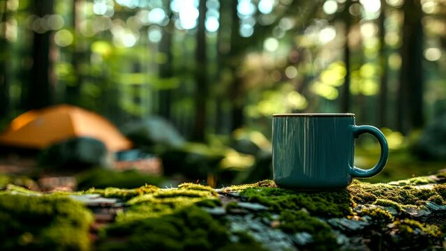 Rustic coffee cup on mossy log with tent in background in sunlit forest. Camping relaxation concept