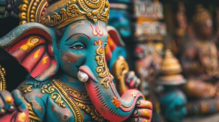 Colorful Ganesha statue, the elephant-headed deity, symbolizing wisdom and new beginnings in Hinduism, perfect for cultural and religious storytelling