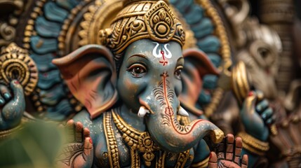 Obraz premium Colorful Ganesha statue, the elephant-headed deity, symbolizing wisdom and new beginnings in Hinduism, perfect for cultural and religious storytelling