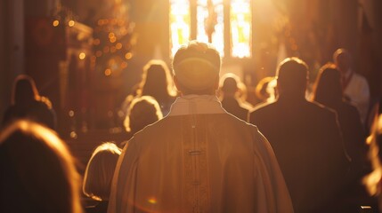 Christians participating in an Easter Sunday service, with a priest leading the congregation in hymns and prayers, reflecting the spiritual and cultural importance of the resurrection of Jesus
