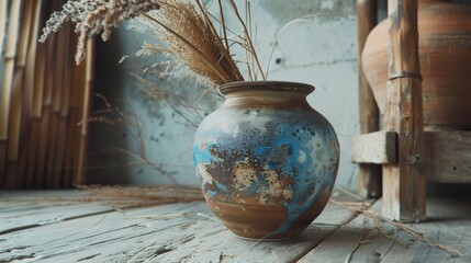 Handmade ceramics in the style of wabi sabi. Brown clay vase with an abstract blue patternHandmade ceramics Brown clay vase with an abstract blue pattern