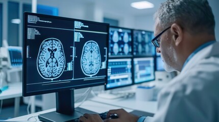 Neurologist doctor studying brain tests on a monitor at hospital. 