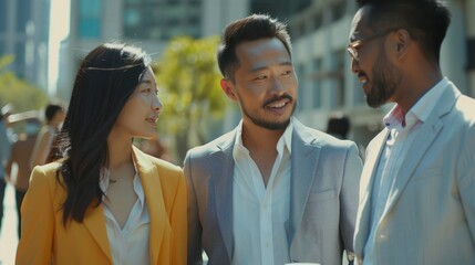 Obraz premium Two colleagues talking to Asian business partner about new project. Important visit. Meeting. Footage of multicultural group. Formal outfit. Outdoor. Networking, conversation. Daytime, sunny day. 