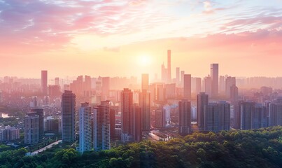 Fototapeta premium Cityscape at Sunset with Hazy Skies and Green Trees
