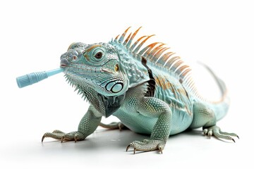 Obraz premium A blue iguana with a party horn in its mouth on a white background.