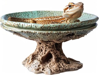 A ceramic bearded dragon basking in a water bowl, white background