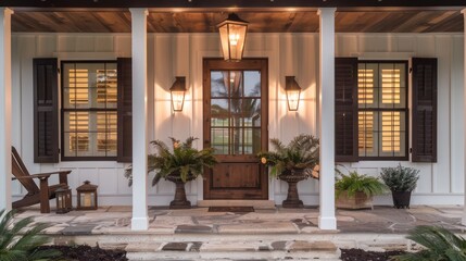 rustic farmhouse with dark chocolate Bahama shutters, providing a warm, welcoming entrance