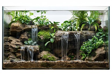 Artificial waterfall in terrarium with green plants, white background