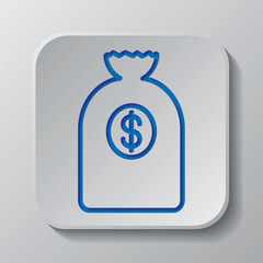 Bank bag simple icon vector. Flat design. Paper cut design. Cutted blue symbol with shadow. Gray badge button, gray background