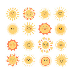 Collection of bright suns with faces in flat style